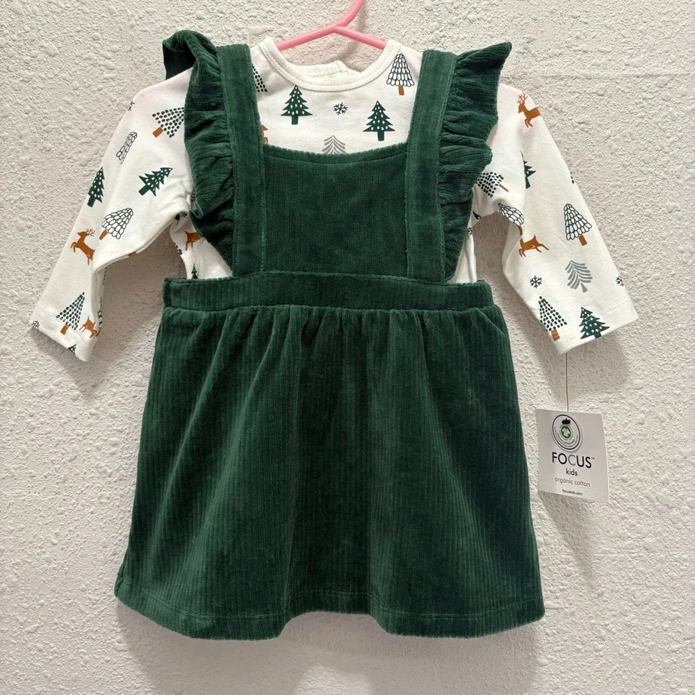 Focus Kids Girls Christmas Holiday Apron Dress & Onesie Ensemble NWT 9 Months